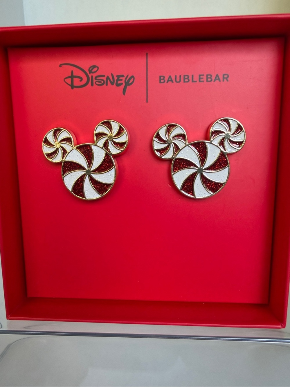 Disney BaubleBar Red, White & Gold Mickey Swirl Stud Earrings NIB